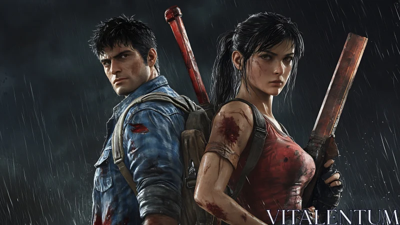 Armed duo stand back to back in heavy rain, ready to fight.