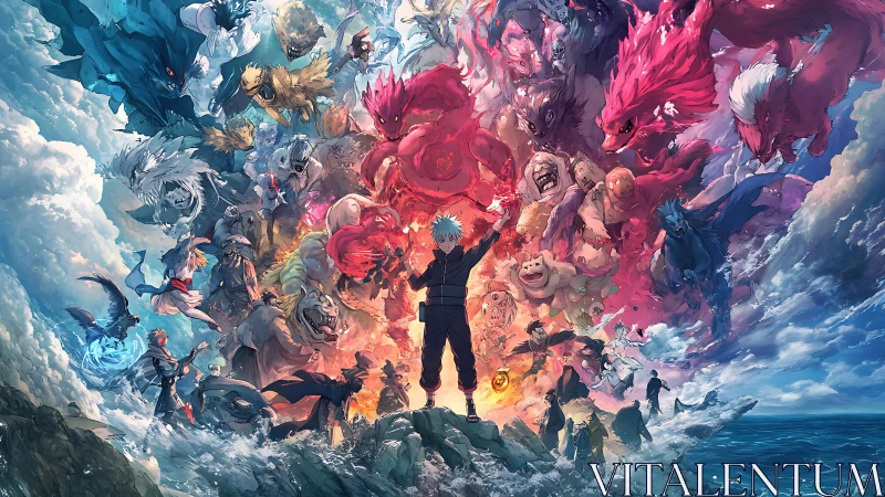 Central figure facing converging spectral creatures in sky.