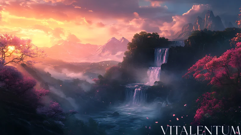 Sunset cascades pour through a misty cherry blossom valley.