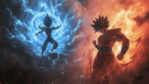 Fiery warrior confronts electric rival in cosmic split arena