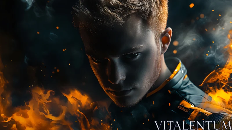 Fierce young hero leans into swirling fire and shadow power