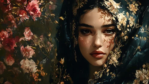 Woman in ornate floral veil beside rich painted roses.