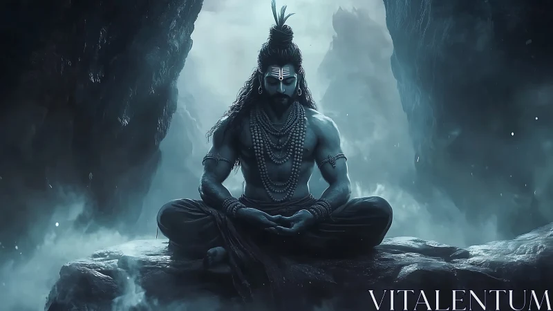 Divine blue ascetic meditating amid misty mountain chasm
