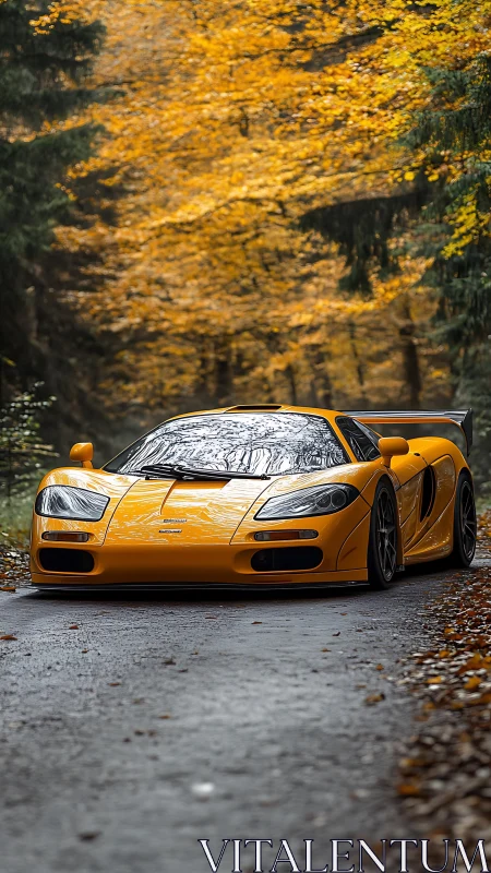 Golden supercar glows against a quiet forest road in autumn