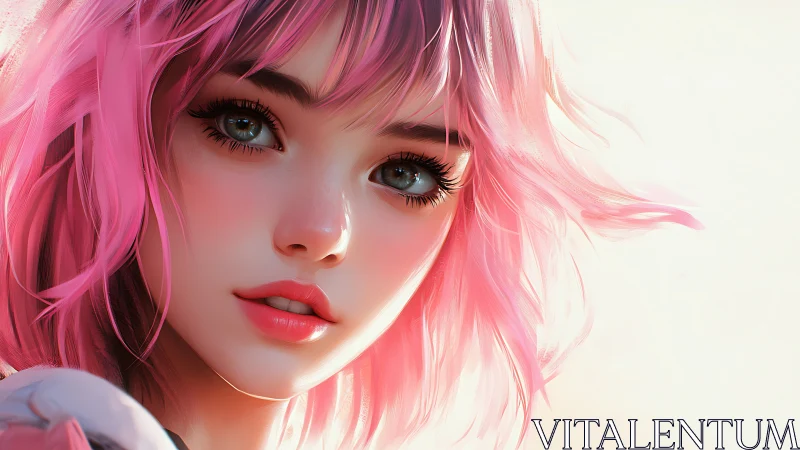 Digital portrait shows close-up of young woman with pink hair