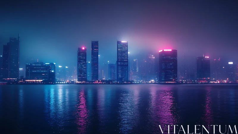 Neon tide kisses a misty skyline of electric high-rise towers.