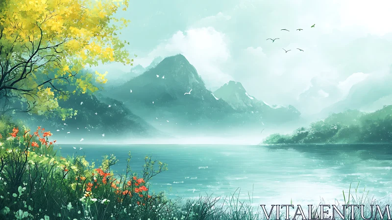 Tranquil mountain lake wrapped in soft mist and spring color.