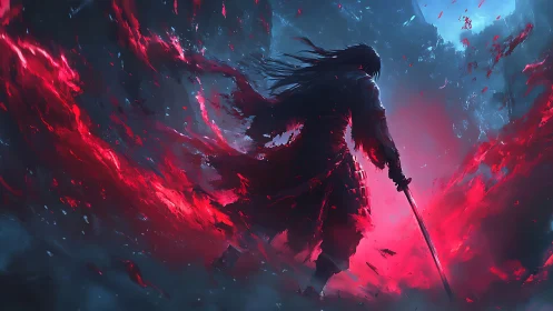 Samurai silhouette with sword amid red energy field.