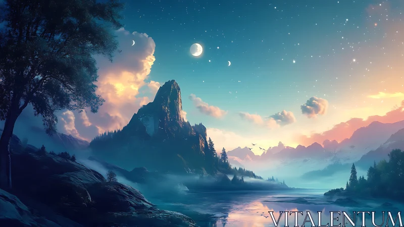 Digital painting of ethereal mountain lake under crescent moons.