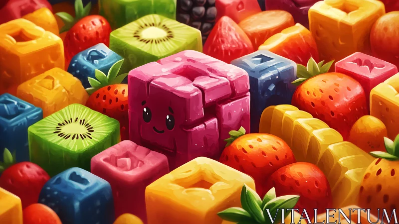 Playful fruit cubes surrounding smiling pink character block.