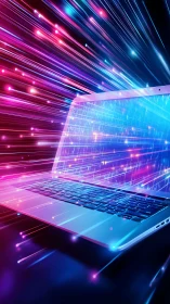 Cyberpunk laptop with neon data streams in dynamic perspective.
