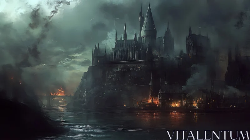 Storm-torn citadel broods above burning riverside cityscape.