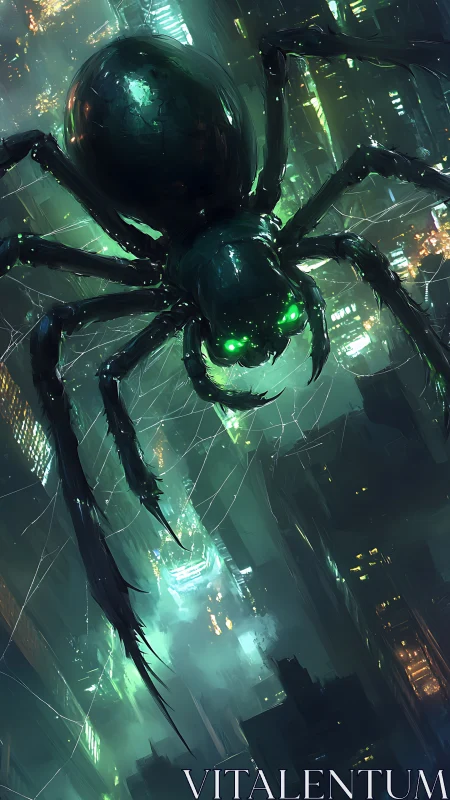 Giant neon-eyed spider looms above dense cyberpunk city