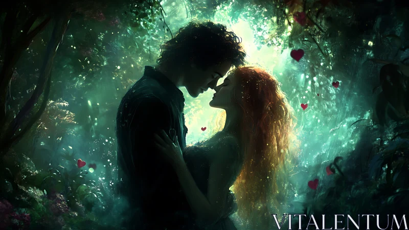 Two figures in intimate proximity within luminescent forest setting