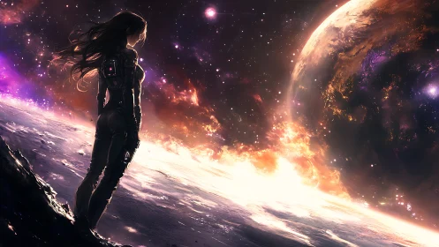 Solitary astronaut overlooking burning planet horizon.