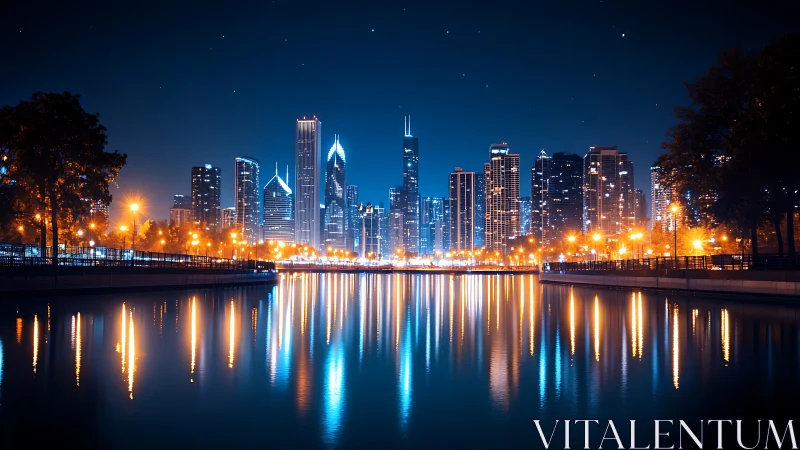 Urban skyline at night with waterfront reflections under stars.