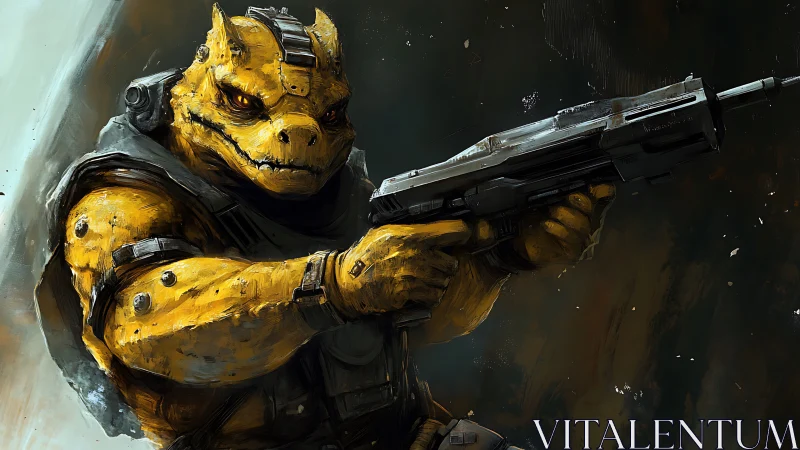 Armored reptilian mercenary aims rifle in deep space standoff.