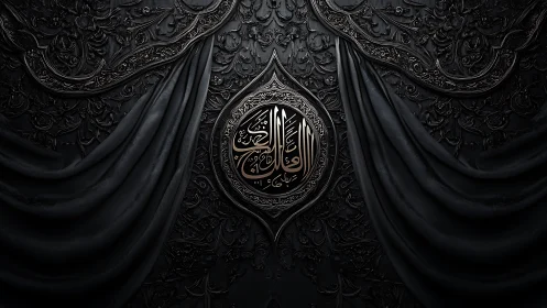 Velvet night drapery crowning a luminous Arabic emblem.