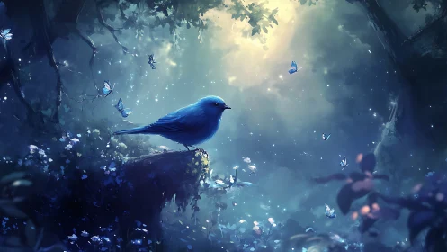 Moonlit bluebird council amid whispering forest glow.