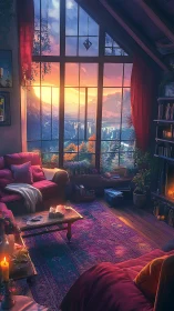 Sunlit mountain view fills cozy attic reading room