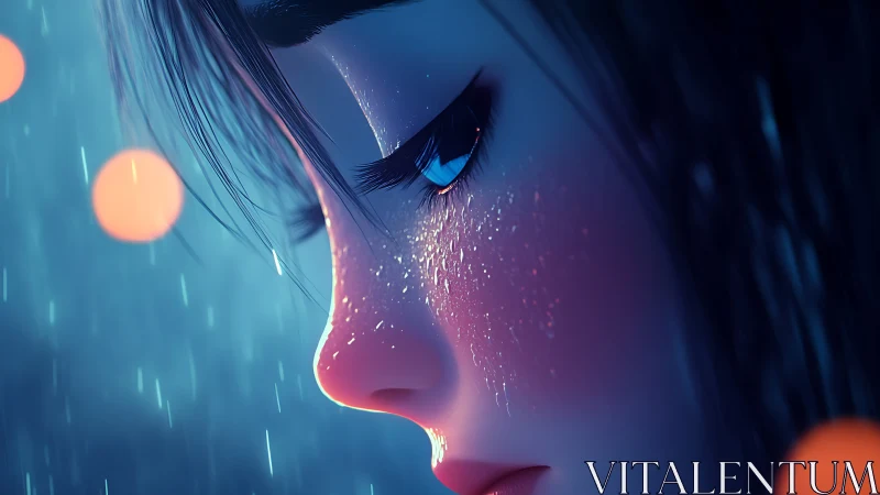 Melancholic profile portrait in neon rain with bokeh glow.