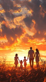 Sunlit family walks toward a glowing field of evening gold