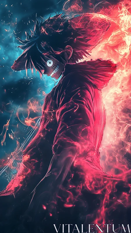 Dynamic anime hero engulfed in dual elemental energy arcs.