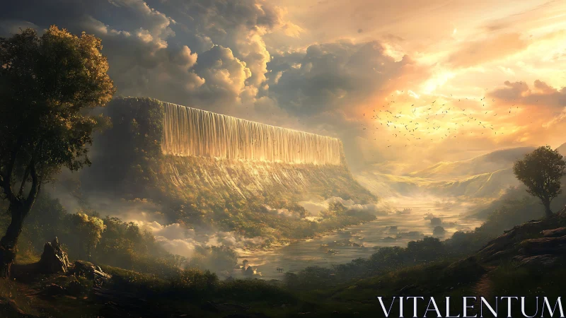 Golden waterfall plateau dominates misty fantasy valley