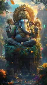 Majestic Ganesha idol above lush ancient temple sanctuary.