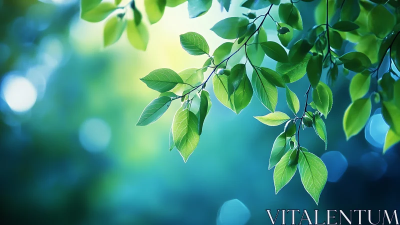 Sunlit Green Leaves on Branches with Soft Bokeh Background.