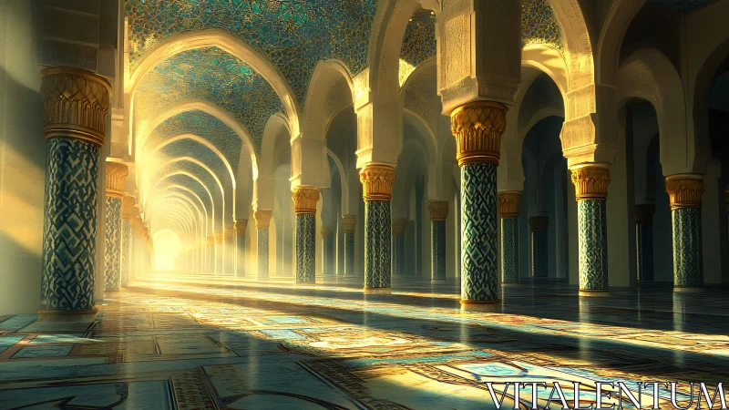 Golden light through ornate arches in a tranquil hall.