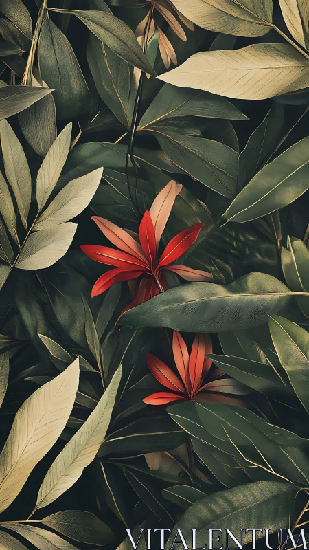 Scarlet tropical blossoms emerge from layered jungle foliage.