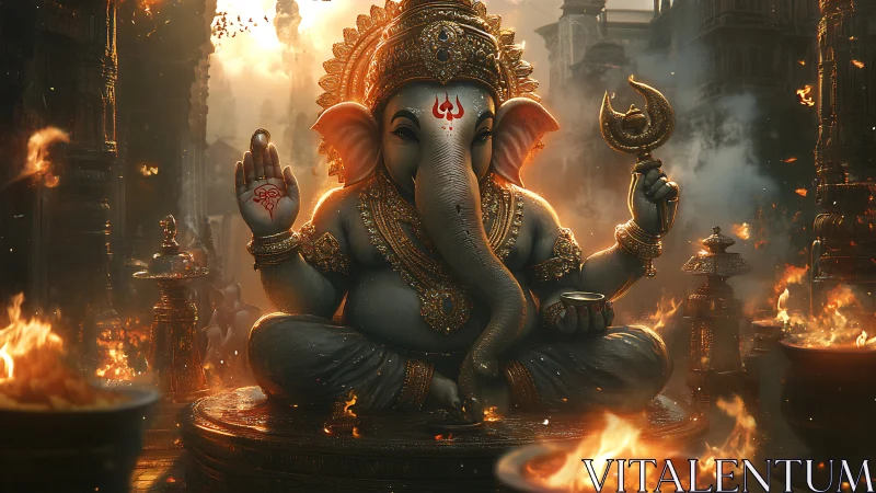 Divine elephant deity idol amid ritual firelit temple ambiance.