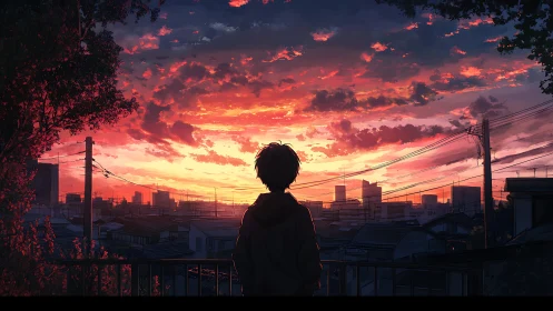 Silhouetted youth surveying neon dusk over urban skyline.