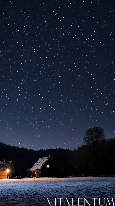 Nocturnal farmhouse under star-dense winter sky panorama.