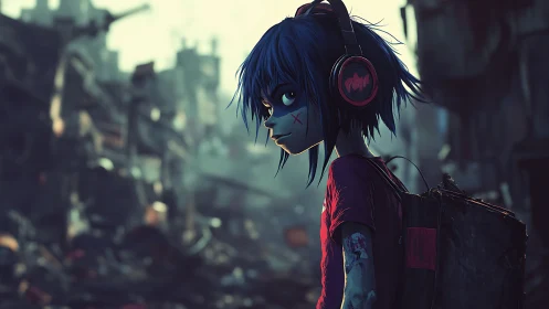 Blue haired youth with headphones in ruined urban landscape.