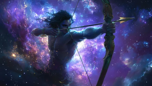 Celestial archer draws a golden bow amid swirling galaxies