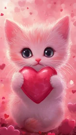 Pink Cat Holding Red Heart Shape Object
