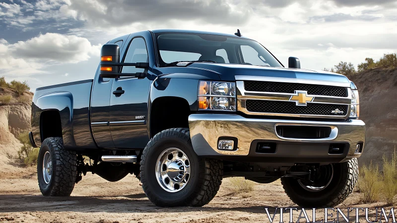 Lifted Chevrolet pickup truck stands in rugged desert landscape