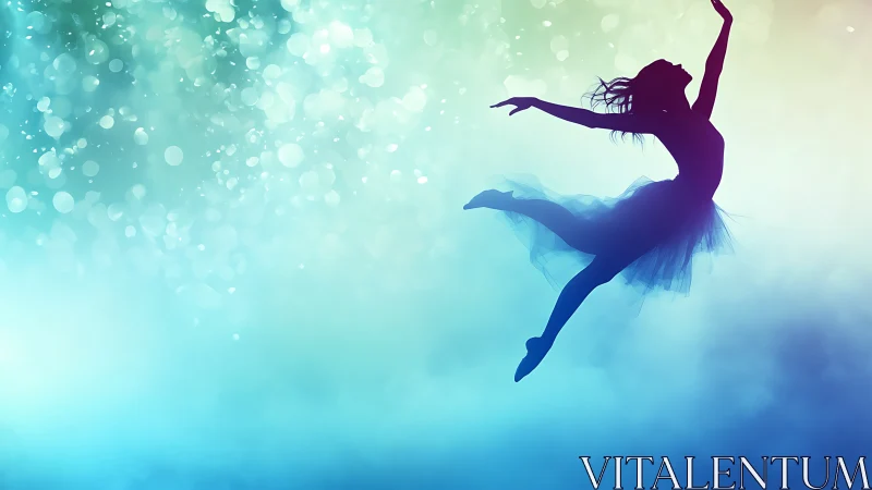 Silhouetted ballerina in luminous bokeh gradient atmosphere.