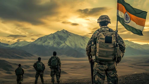 Indian soldiers on mountain terrain with national flag at dusk.