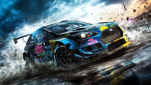 Rally car rendering on wet track with debris and storm clouds.