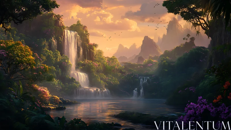 Sunlit tiered waterfalls descend into a forested basin