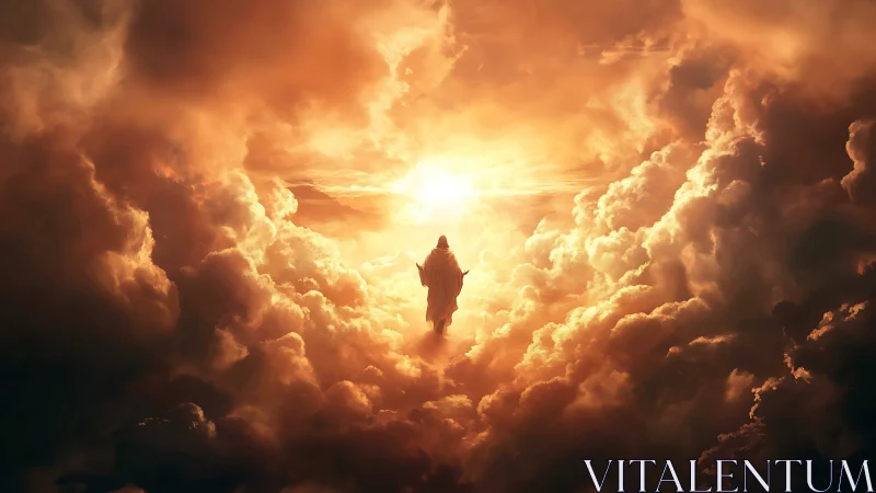 Shrouded figure walks into a blazing cathedral of clouds