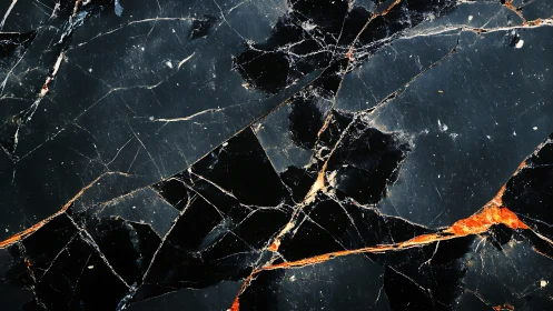 Black marble slab with bold orange fracture veins detail.