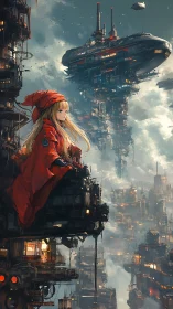 Red-cloaked girl overlooking sprawling skyward megacity.