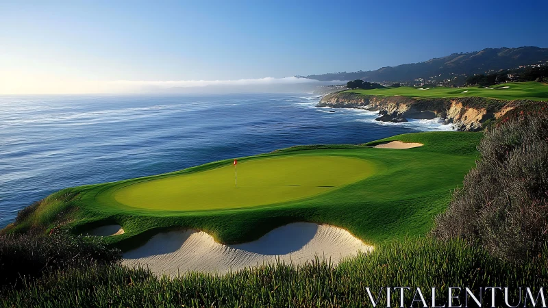 Coastal golf green rests above calm ocean waves and cliffs
