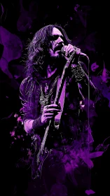 Rock singer with electric guitar performs in purple lighting