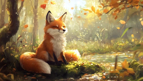 Sunlit fox on mossy forest bank rendered in warm autumn light