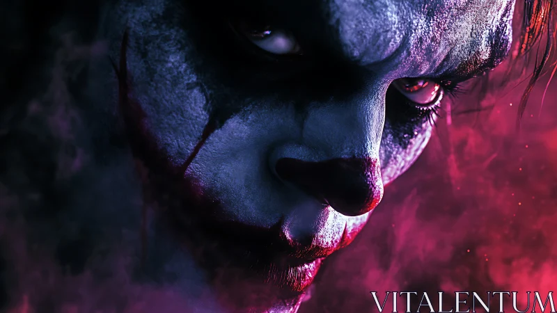 Sinister closeup of menacing clown face in red smoke.